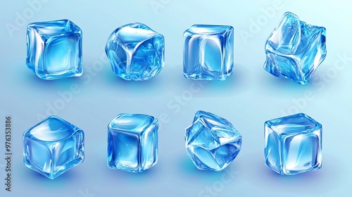 Set of realistic 3D ice cubes featuring transparent blue glass pieces for cooling drinks Isolated frozen water cubes ideal for cocktails and beverages presented on a transparent