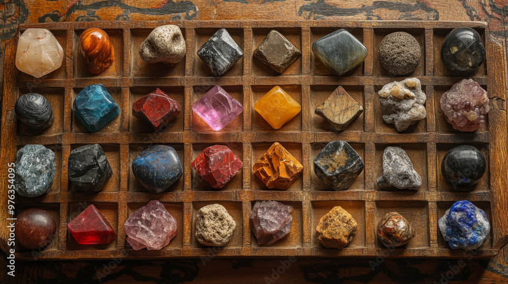 A variety of raw gemstones arranged in a wooden tray, showcasing natural shapes and vibrant colors, ideal for collectors or crystal enthusiasts. A variety of raw gemstones arranged in a wooden tray, showcasing natural shapes and vibrant colors, ideal for collectors or crystal enthusiasts.