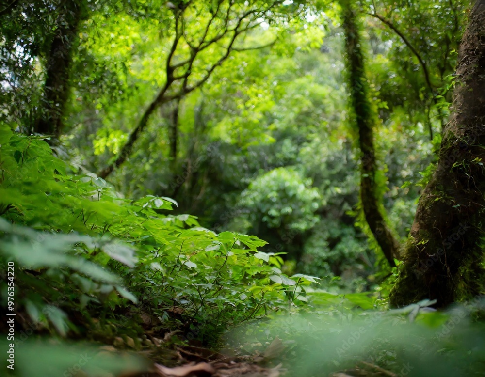 Lush green forest nature background with depth of field for a serene and tranquil atmosphere Lush green forest nature background with depth of field for a serene and tranquil atmosphere