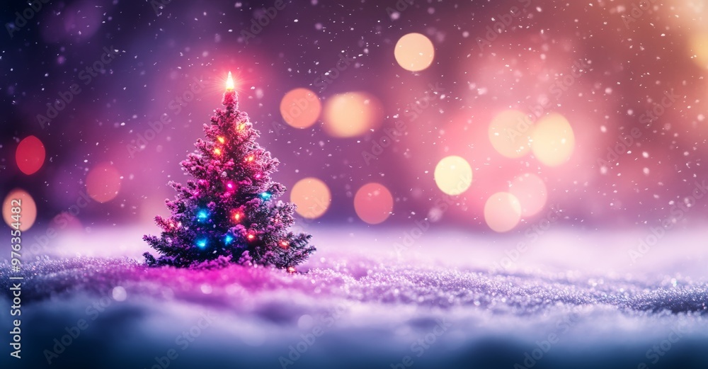 a fantasy christmas tree with lights on lilac snow with bokeh background effects. Season greetings concept a fantasy christmas tree with lights on lilac snow with bokeh background effects. Season greetings concept