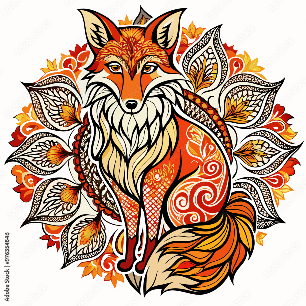 Obraz premium A detailed silhouette of a fox in mandala style, with swirling and floral designs filling the body, set against a white background.