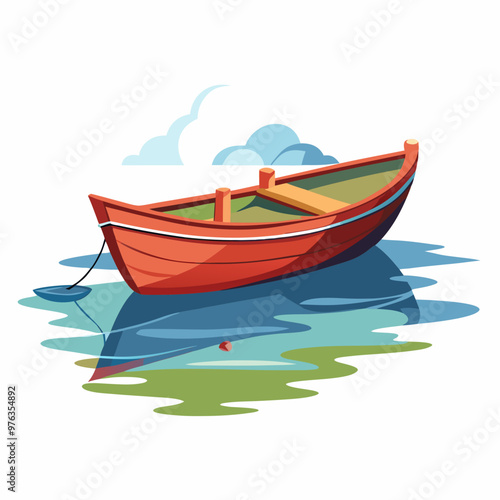 A small boat on calm waters on a white background.