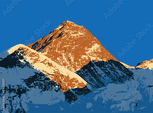 mount Everest as seen from Kala Patthar evening sunset view, vector illustration logo, Mt Everest 8,848 m, Nepal Himalaya mountain