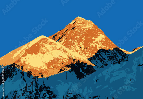 mount Everest as seen from Kala Patthar evening sunset view, vector illustration logo, Mt Everest 8,848 m, Nepal Himalaya mountain