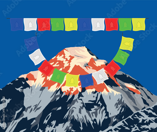 Evening mountain top of mount Dhaulagiri with buddhist prayer flags vector illustration logo, Nepal Himalaya mountains, Tibetan buddhism