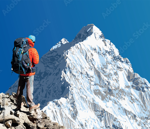 mount Everest Lhotse and Nuptse from Nepal side as seen from Pumori base camp with hiker, vector illustration, Mt Everest 8,848 m, Khumbu valley, Sagarmatha national park, Nepal Himalayas mountains