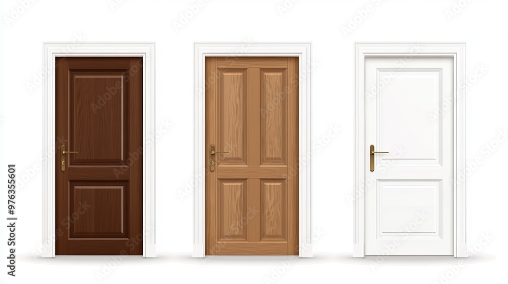 Vector set of realistic 3D wooden home and office entry doors shown in white and brown colors isolated on a white background Vector set of realistic 3D wooden home and office entry doors shown in white and brown colors isolated on a white background