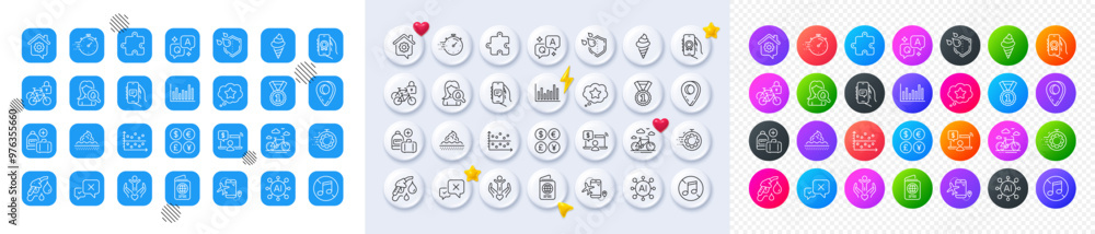 Award app, Work home and Add handbag line icons. Square, Gradient, Pin 3d buttons. AI, QA and map pin icons. Pack of Passport, Chat app, Petrol station icon. Vector