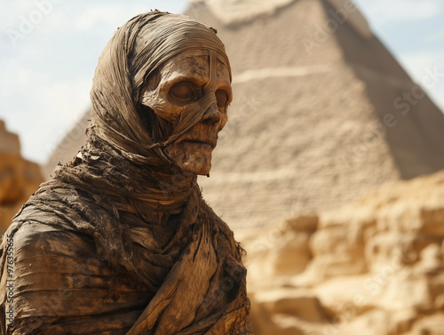 A mummy slowly unraveling in front of a pyramid photo