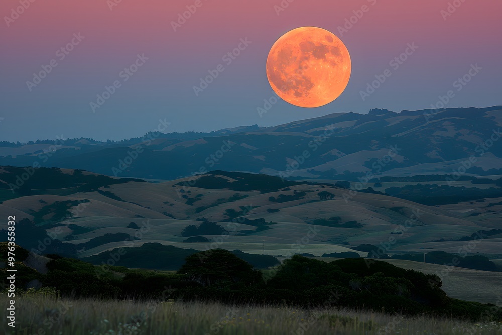 Majestic Full Moon Rising Over Serene Hills at Dusk Majestic Full Moon Rising Over Serene Hills at Dusk