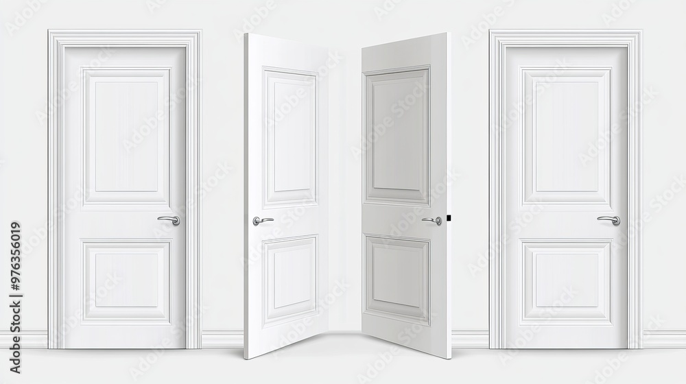 Vector set of realistic white wooden doors shown both closed and open with chrome handles Conceptual illustration representing welcome invitation to enter or new opportunities Vector set of realistic white wooden doors shown both closed and open with chrome handles Conceptual illustration representing welcome invitation to enter or new opportunities