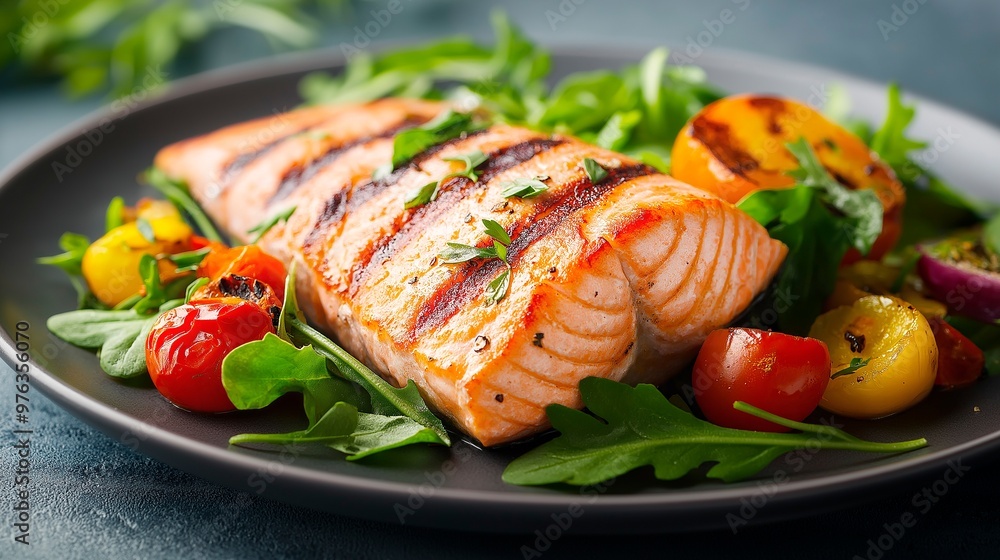 grilled salmon with vegetables and spices on black plate grilled salmon with vegetables and spices on black plate