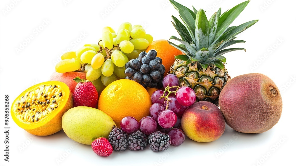 A close-up of sliced exotic fruits, arranged on a white background A close-up of sliced exotic fruits, arranged on a white background
