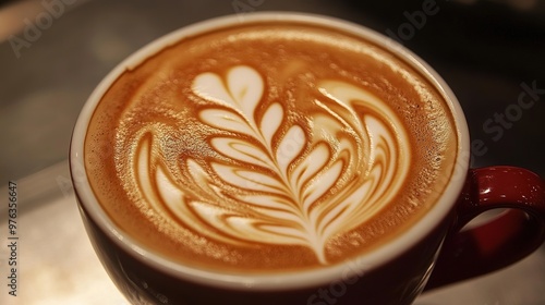 A close-up of coffee cup art featuring a detailed latte design on a frothy cappuccino