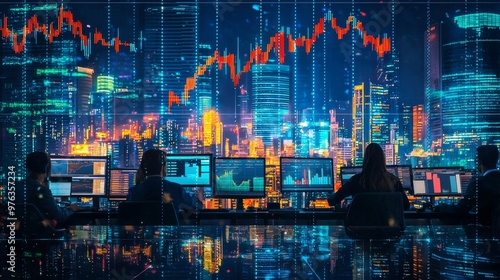 Back view of IT specialists working on computers at night in a modern monitoring office. Large digital screens display real-time analysis charts and a block diagram.