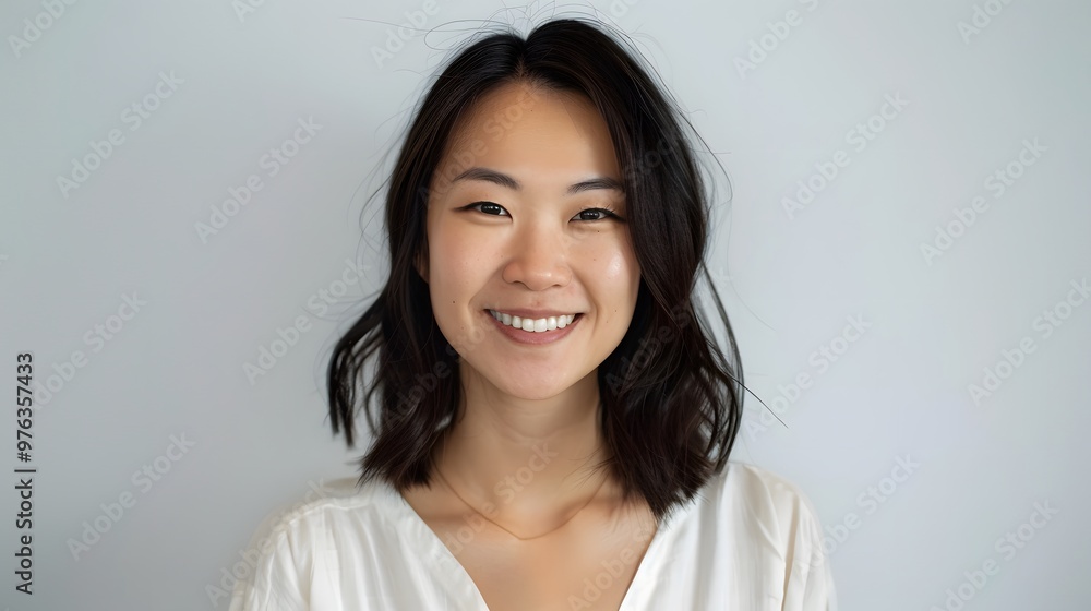 Young Asian woman smiling portrait white background Young Asian woman smiling portrait white background