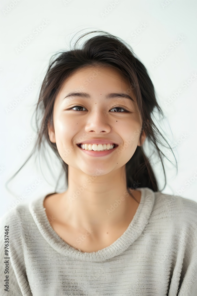 Young Asian woman smiling portrait white background Young Asian woman smiling portrait white background