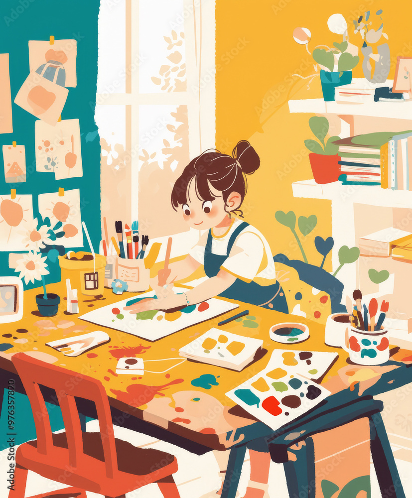 A cute young child, painting with watercolors, in a cheerful playroom, transmit a feeling of childish innocence and happy emotions A cute young child, painting with watercolors, in a cheerful playroom, transmit a feeling of childish innocence and happy emotions