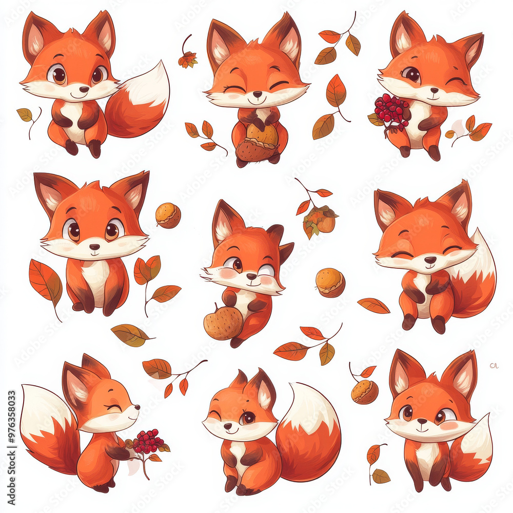 Fototapeta premium A set of red fox emoticons, flower-shaped tails and holding acorns and berries in various poses with cute expressions