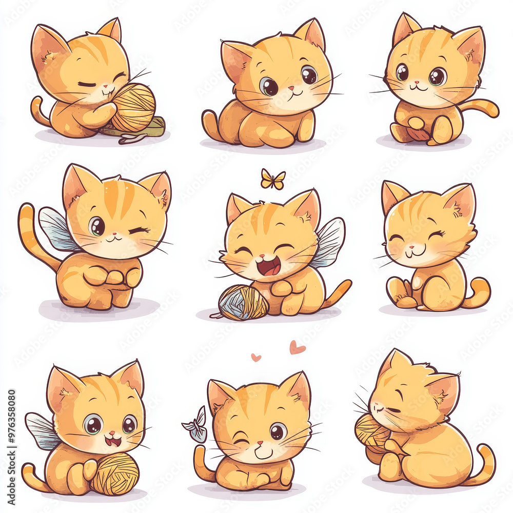 Fototapeta premium A set of yellow kitten emoticons, butterfly-shaped ears and holding fish toys and yarn balls in various poses with cute expressions.