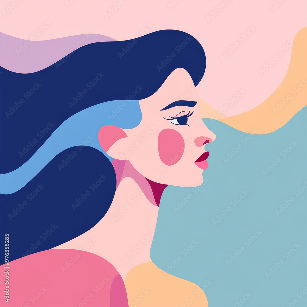 A pretty lady in flat illustration style, Abstract Memphis, minimal, pastel blue and pink A pretty lady in flat illustration style, Abstract Memphis, minimal, pastel blue and pink
