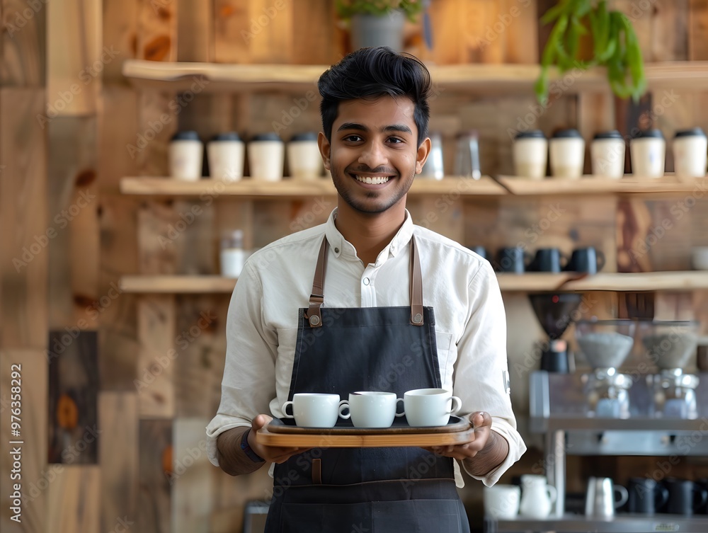 Young Indian man in apron standing with tray of cups smiling Young Indian man in apron standing with tray of cups smiling