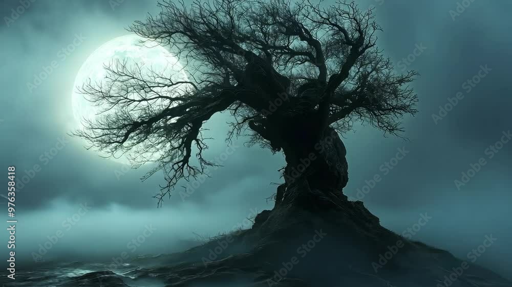 A large tree is standing in front of a full moon in a foggy, dark forest. The scene is eerie and mysterious, with the moon casting an ominous glow on the tree and the surrounding area A large tree is standing in front of a full moon in a foggy, dark forest. The scene is eerie and mysterious, with the moon casting an ominous glow on the tree and the surrounding area