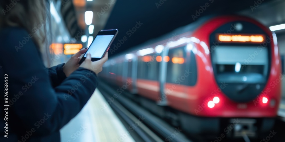 A person uses a tablet while waiting for a red subway train to arrive at an underground platform, highlighting urban commuting and technology use. A person uses a tablet while waiting for a red subway train to arrive at an underground platform, highlighting urban commuting and technology use.
