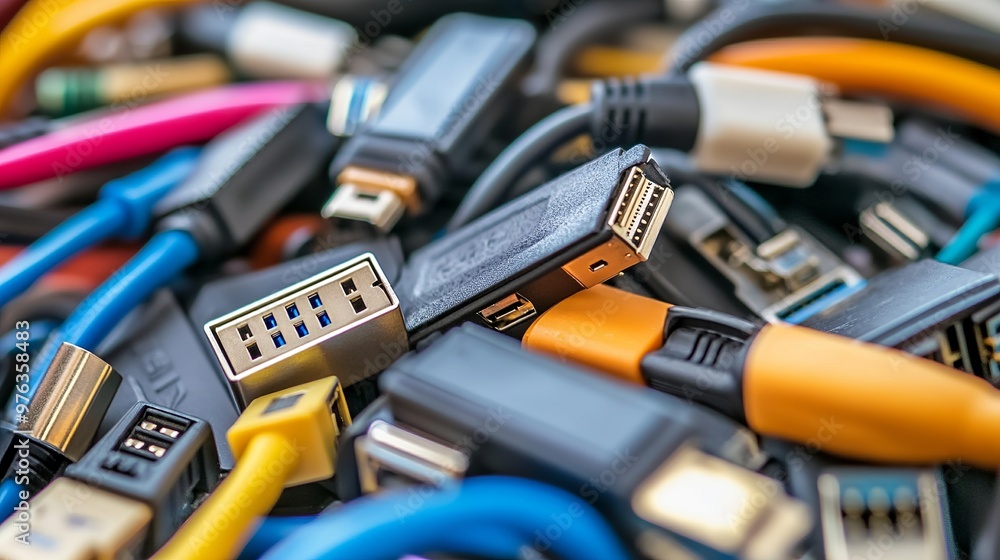 A heap of USB peripheral cables with various connectors and plugs ...