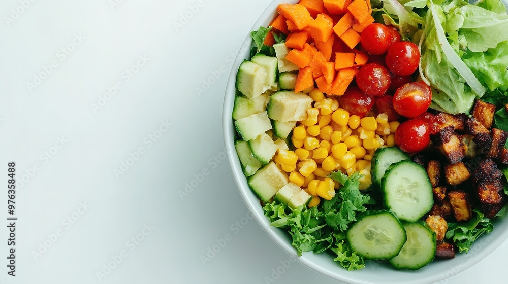 A close-up of a fresh salad bowl, highlighting the ingredients on a white backdrop --ar 16:9 --v 6.1 Job ID: 0f3b8353-abf2-4035-afef-f5f730e937eb