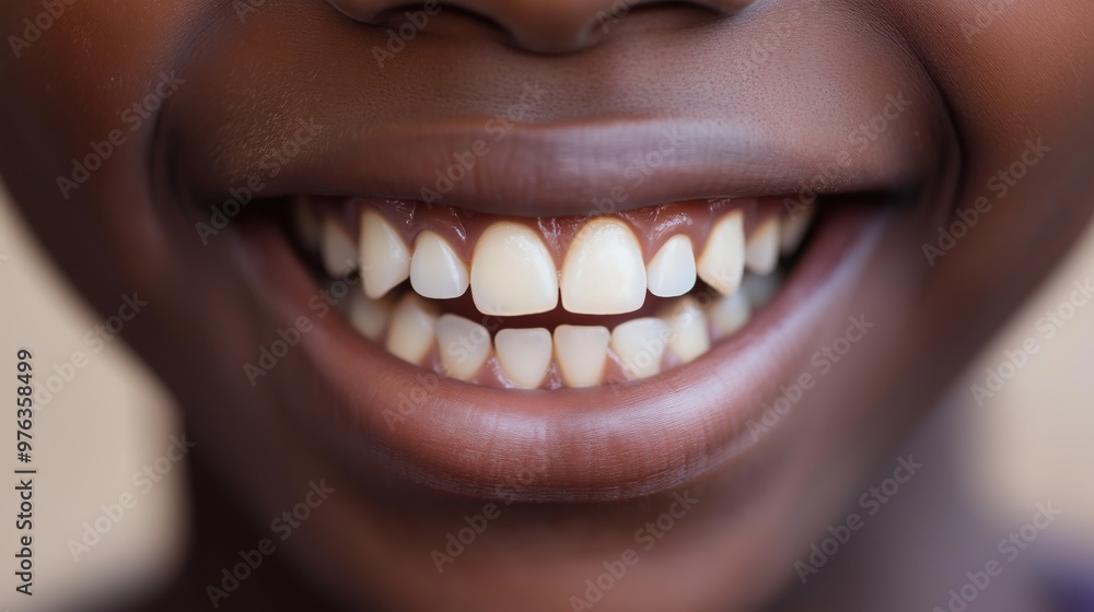 CloseUp of a Young Boy's Bright Smile Showcasing Healthy White Teeth and Dark Brown Skin CloseUp of a Young Boy's Bright Smile Showcasing Healthy White Teeth and Dark Brown Skin