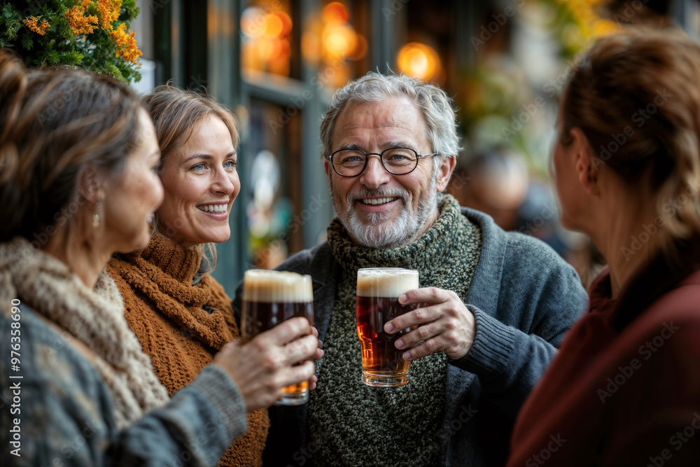 A group of mature people are standing outside and drinking beer. One of the men is wearing glasses. A group of mature people are standing outside and drinking beer. One of the men is wearing glasses.