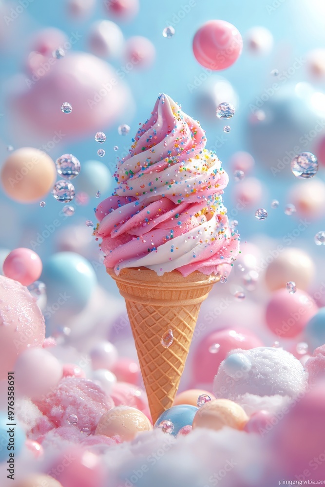 Whimsical ice cream cone with pink swirls and colorful sprinkles against a pastel background Whimsical ice cream cone with pink swirls and colorful sprinkles against a pastel background