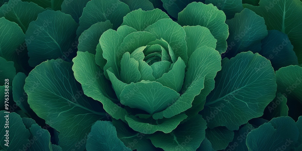 Obraz premium A cinematicstyle photograph of a green vegetable with intricate folds surrounded by vegetables in shades of mint forest green and teal The vegetables are densely packed in a compact arrangement with m