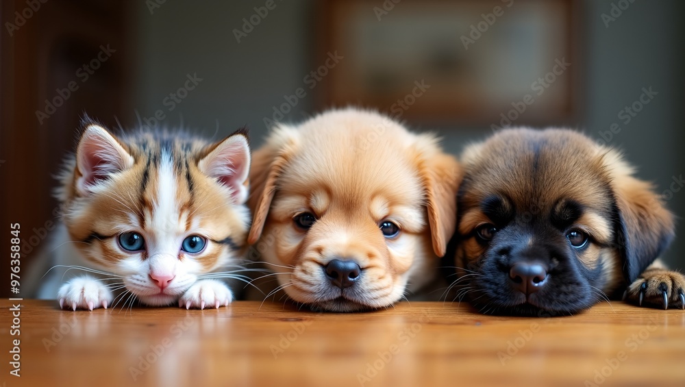 Adorable kitten and playful puppies peeking over wooden table edge Adorable kitten and playful puppies peeking over wooden table edge