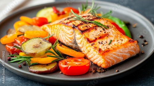 grilled salmon with vegetables and spices on black plate