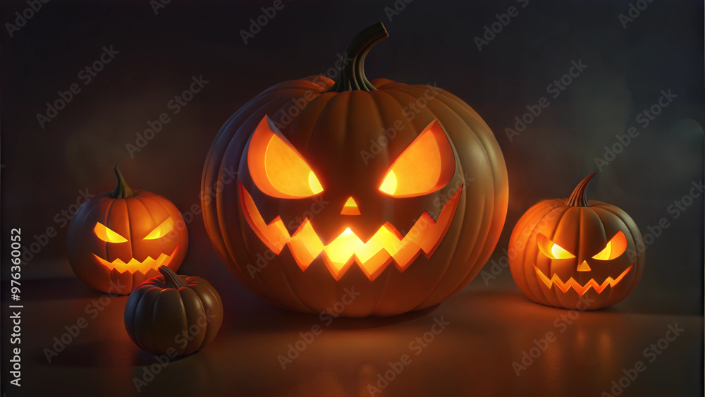 Spooky jack-o'-lanterns, with menacing grins, glowing brightly in a dark setting for Halloween Spooky jack-o'-lanterns, with menacing grins, glowing brightly in a dark setting for Halloween