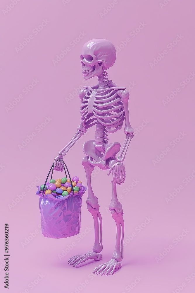 Whimsical skeleton figurine holding a pail of Easter eggs. Concept of holiday, celebration, and imagination Whimsical skeleton figurine holding a pail of Easter eggs. Concept of holiday, celebration, and imagination