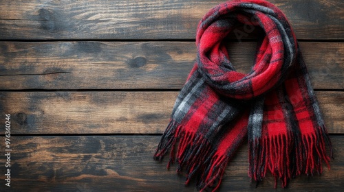 Cozy red and black plaid scarf elegantly draped on rustic wooden surface for ...