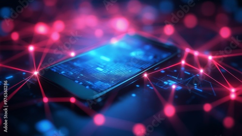 Smartphone displaying digital connections against a blurred cityscape at night