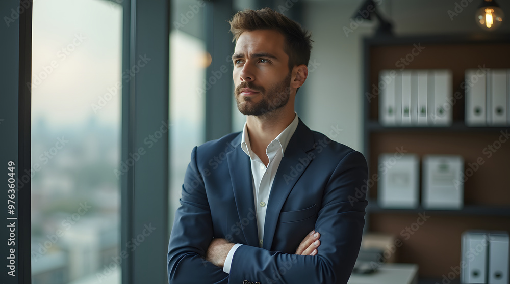 Portrait of a handsome businessman in a business suit looking at the camera. Business concept. Generative AI Portrait of a handsome businessman in a business suit looking at the camera. Business concept. Generative AI