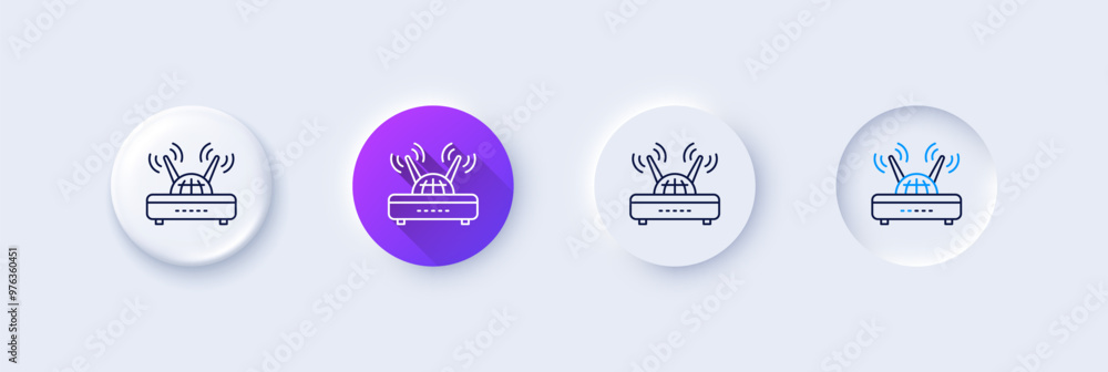 Wifi router line icon. Neumorphic, Purple gradient, 3d pin buttons. Computer component sign. Internet symbol. Line icons. Neumorphic buttons with outline signs. Vector Wifi router line icon. Neumorphic, Purple gradient, 3d pin buttons. Computer component sign. Internet symbol. Line icons. Neumorphic buttons with outline signs. Vector