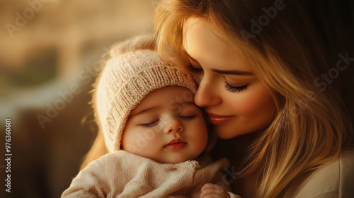 portrait of young mother with her sleeping baby