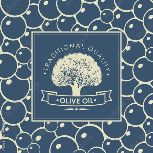 Vector banner or label for extra virgin olive oil with realistic olive tree and handwritten inscriptions on background with black olives in retro styleVector banner or label for extra virgin olive oil