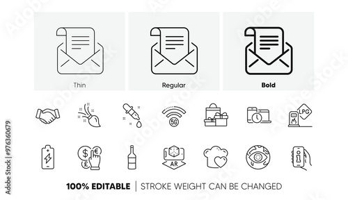 Gas station, Time management and Wine line icons. Pack of Money currency, Augmented reality, Mail newsletter icon. Brush, Love cooking, Chemistry pipette pictogram. Info app, Handshake. Vector