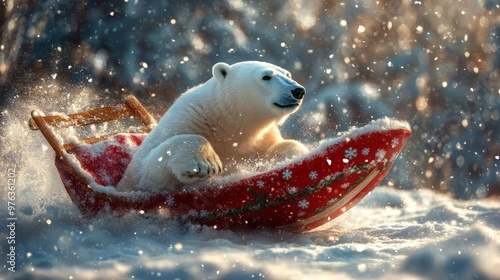Polar bear walks along a snow-covered landscape at sunset in a northern wilde...