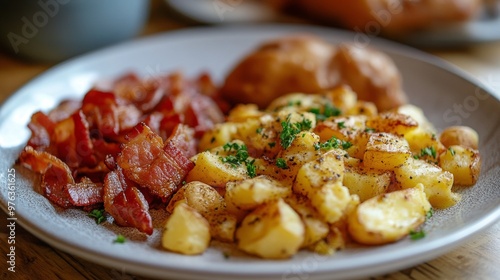Enjoy a tasty breakfast platter with eggs, bacon, and veggies in a cozy cafe