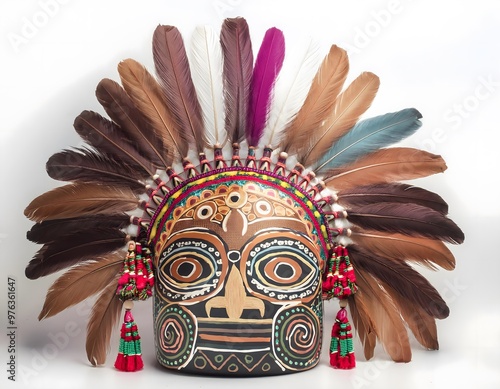 A traditional Inti Raymi festival headdress with feathers and intricate Inca designs on a white background photo