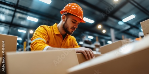 A diligent worker is seen in a warehouse carefully handling boxes, emphasizing the importance of organization, focus, and safety in the workplace. The worker's uniform and hard hat indicate a robust  photo