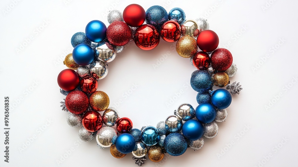 Colorful holiday wreath with blue, red, and gold ornaments on a light background for winter decor Colorful holiday wreath with blue, red, and gold ornaments on a light background for winter decor